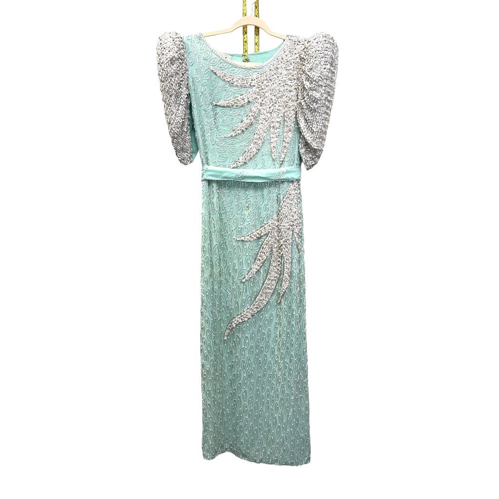 Judith Anne Mint Green & White Silk Sequin Beaded Gown Vintage